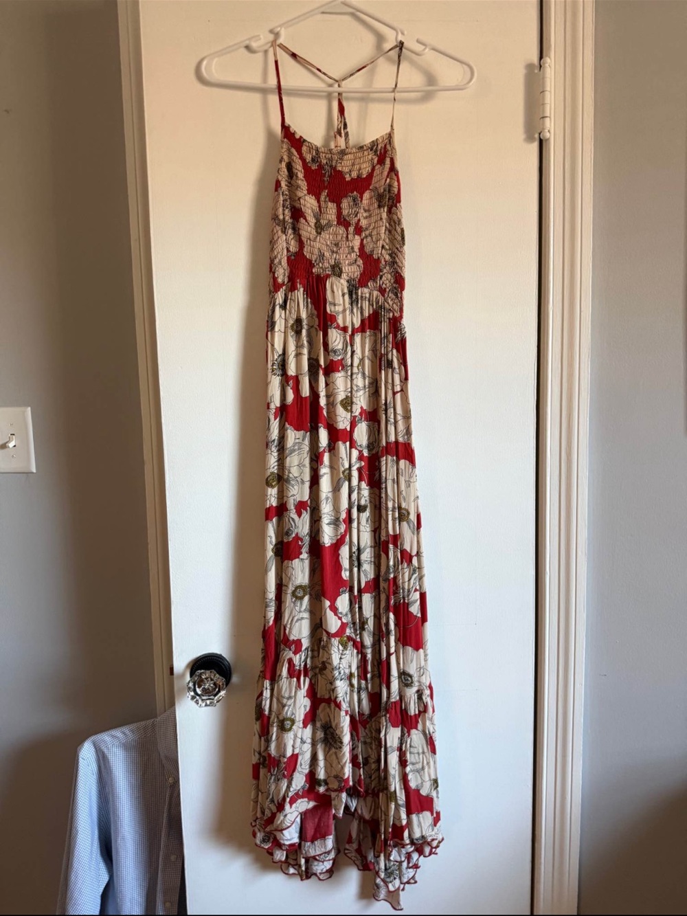 Free People Red and Cream Floral Smocked Maxi Dress